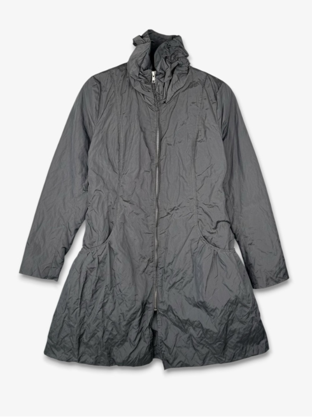 VTG UMBRALE Crinkle A Line Jacket XS Graphite Fleece Lined Ruffle‎ Collar Y2K